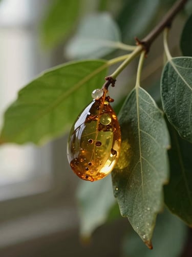 Macro close-up of amber plant resins and green botanical leaves, soft morning light, rich forest green tones, elegant apothecary style, 35mm