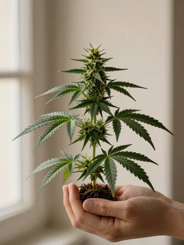 A hand holding a freshly harvested, deep green cannabis plant with visible trichomes, soft natural light, warm earthy tones, elegant composition, 35mm