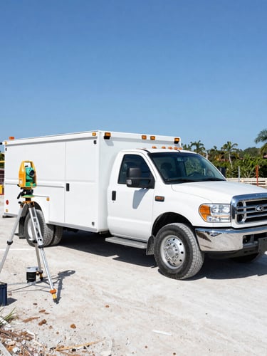 Wide environmental shot of a branded white utility truck parked on a Florida construction site, technical surveying equipment set up nearby, bright direct sunlight, sharp documentary style