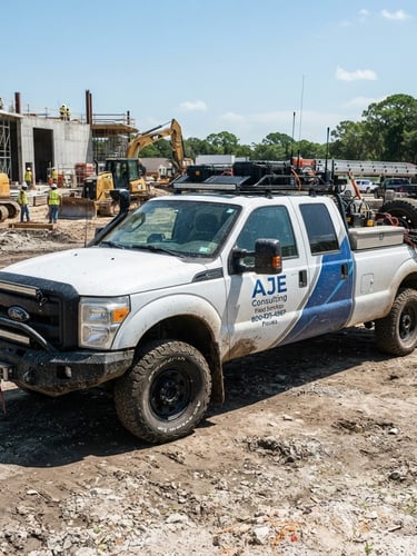 Branded AJE Consulting field vehicle, heavy-duty, with off-road tires, parked on a construction site in direct Florida sunlight, technical equipment visible, wide-angle lens, detailed, high-contrast