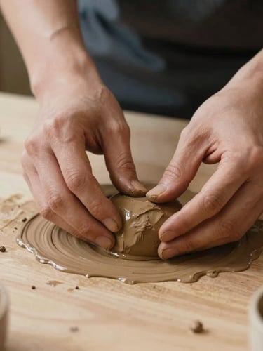 Nahaufnahme von Händen, die feuchten, terracottafarbenen Ton auf einer hellen Holzoberfläche formen, weiches natürliches Seitenlicht mit sanften Schatten, minimalistischer Atelier-Stil