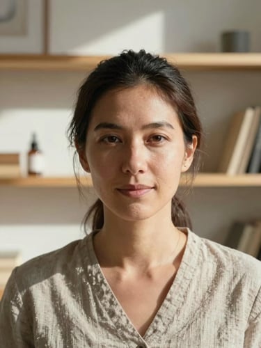 Close-up portrait of a warm, professional female art therapist in her late 30s, natural daylight, sunlit minimalist atelier background with textured linen and wooden shelves, soft focus.