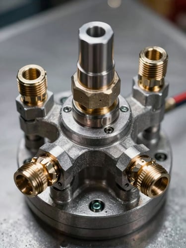 Extreme close-up overhead shot of a hydraulic manifold block on a machined steel surface, precision-threaded fittings and high-pressure hose connectors visible in sharp detail, studio strobe lighting from above, no shadows, neutral metallic background