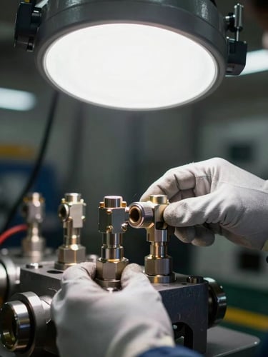 Extreme close-up of a technician's gloved hands connecting industrial hydraulic fittings on a steel manifold block, bright studio strobe lighting from above, metallic surface catching sharp specular highlights, blurred factory equipment visible in background