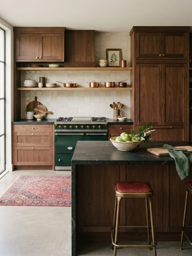 Warm editorial photography of a completed high-end kitchen renovation, natural window light illuminating rich timber joinery and dark stone countertops, 35mm