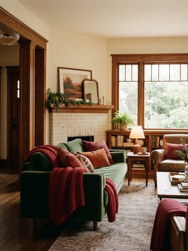 Warm editorial 35mm photography of a beautifully remodeled living room with rich wood columns, soft natural window light, crimson and forest green decor accents, cozy atmosphere