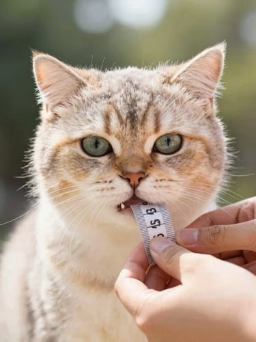 Warm editorial close-up of hands measuring a fluffy cat with a soft tape, bright natural daylight, shallow depth of field, 50mm