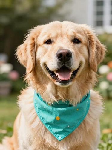 Eye-level warm portrait of a happy golden retriever wearing a colorful custom teal bandana, bright natural daylight, soft focus garden background