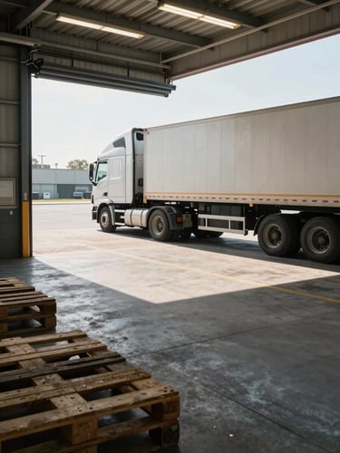 Wide environmental shot looking down a loading dock bay from the left edge, a semi-truck backed flush to the dock door, warehouse fluorescent light spilling across a concrete floor with stacked pallets in the foreground, no people visible, daylight from the open dock door cutting a hard rectangle of light across the floor