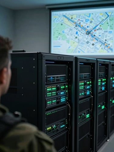 Over-the-shoulder shot of a clean computer lab with server racks, blinking green and cyan LEDs, tactical map on a large wall screen, moody lighting, 35mm lens