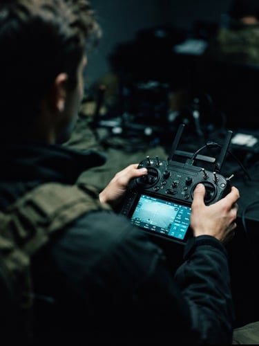 Over-the-shoulder shot of a student's hands holding a tactical drone controller, cool cyan glow from screen showing flight telemetry, low-key lighting, moody atmospheric 35mm lens