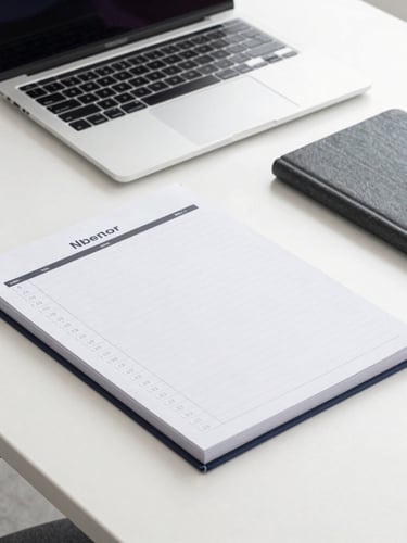 A clean, modern office desk with a structured planner, a sleek laptop, and a slate-gray notebook in bright, neutral daylight.