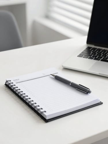 A bright, clean corporate office desk with a structured planner, slate gray pen, and laptop, illuminated by neutral daylight with architectural lines in the background.