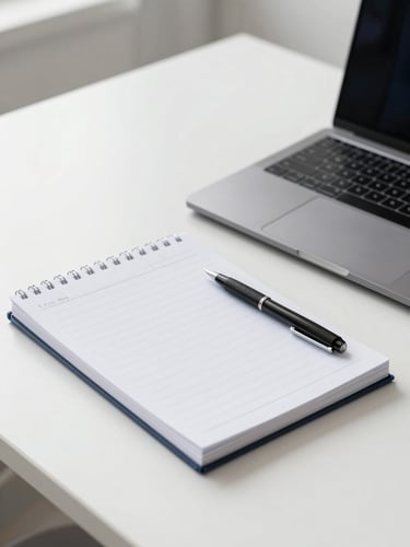 A clean desk setup with a structured notebook, pen, and modern laptop under bright neutral daylight, showing organized work in progress.