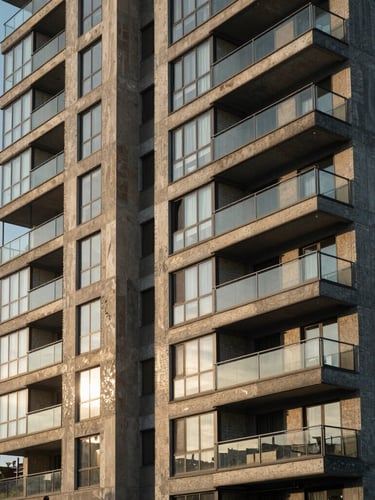 Vista lateral de un edificio residencial de hormigón y vidrio con líneas arquitectónicas limpias, luz natural de alto contraste de tarde, sombras marcadas.