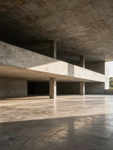 Wide panoramic architectural shot of a brutalist concrete pavilion, sharp geometric shadows, warm natural sunlight reflecting on a polished limestone floor, negative space on the right