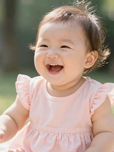 Candid shot of a happy baby girl laughing in a soft pastel pink dress, bright natural daylight, warm playful mood, 35mm