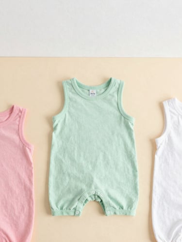 Flat-lay of colorful organic cotton baby rompers on a warm pastel background, soft natural daylight, clean overhead framing, 35mm