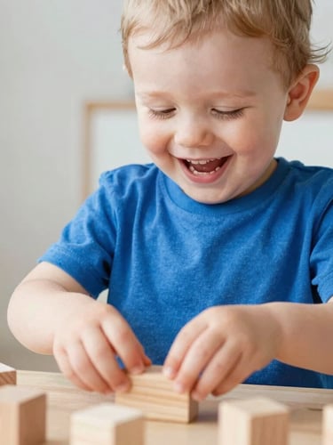 Candid shot of a toddler laughing while playing with wooden blocks, wearing a royal blue cotton t-shirt, bright natural light, warm playful mood, 35mm