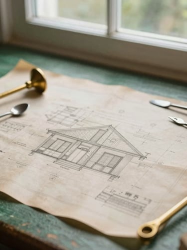 Overhead flatlay of vintage brass tools and architectural blueprint drawings on warm parchment paper, soft morning window light, rich forest green details, 35mm photography