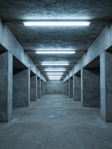 Symmetrical wide-angle shot of a brutalist concrete government corridor, cold blue fluorescent lighting, deep shadows, stark architectural perspective, 35mm