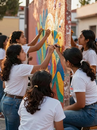 Warm editorial photography of women and youth collaborating on a colorful community mural in Morelia, soft golden hour sunlight, authentic candid moment, shallow depth of field, 35mm