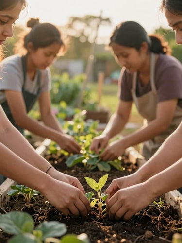 Hands of diverse women working together in a community garden, soft golden hour sunlight, warm editorial photography, 35mm