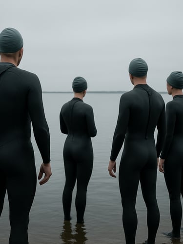 Wide environmental shot, group of swimmers standing at the edge of a grey Dutch lake preparing to enter, wetsuits on, flat overcast morning light, water surface calm and dark, horizon low, no faces visible — shot from behind and slightly to the side showing body posture and water context