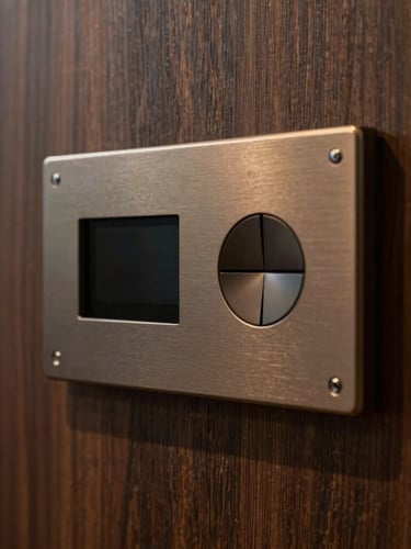 Extreme close-up of a premium metal control panel for smart home, subtly integrated into a dark wood wall, showing fine texture and precision engineering, warm ambient architectural lighting, deep shadows