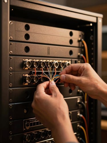 Close-up of an engineer's hands meticulously connecting fine-gauge wiring within a neatly organized, high-end AV rack, warm bronze light glinting off tools, architectural background, Hasselblad medium format.