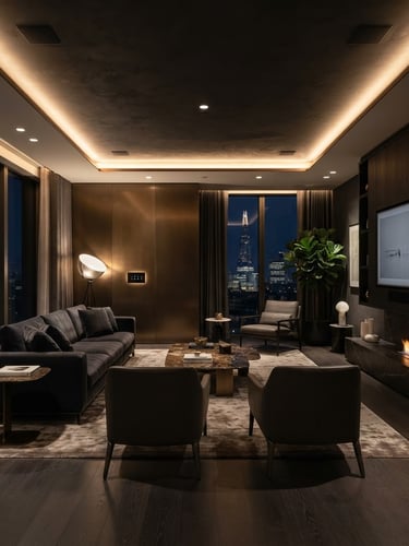 Wide shot of a minimalist luxury living room in a London residence, warm ambient lighting, hidden speakers integrated into ceiling, discreet control panel on a polished bronze wall, deep shadows, Hasselblad medium format.