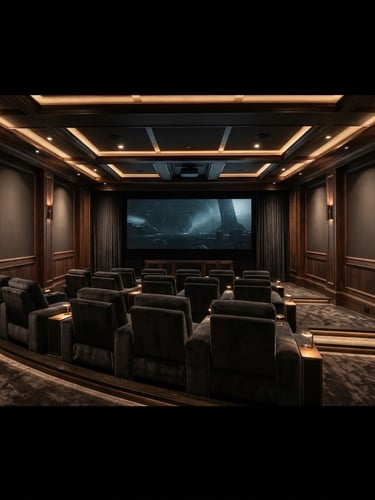 Wide panoramic luxury home cinema, plush dark velvet seating, large projection screen, warm recessed architectural lighting, dark wood paneling, deep shadows, rich bronze and charcoal tones, Hasselblad medium format.