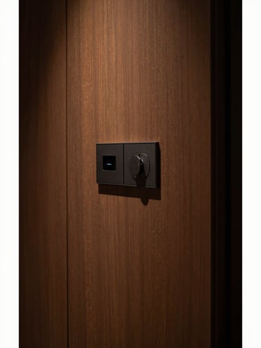 Portrait-oriented close-up of a discreetly integrated control panel, almost invisible, within a bespoke wooden wall panel in a luxury London residence, warm ambient architectural lighting, deep shadows, rich bronze and charcoal tones, Hasselblad medium format.