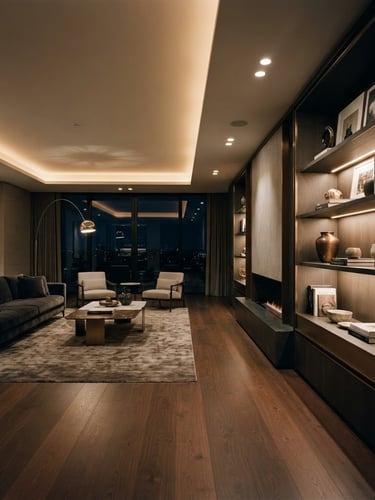 Wide shot of a minimalist luxury living room, integrated smart lighting system subtly illuminating bespoke joinery, warm ambient architectural lighting, deep shadows, rich bronze and charcoal tones, Hasselblad medium format. Image on the right, bleeding to the edge.