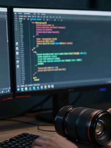 Close-up of developer analyzing complex backend code on multiple monitors in a dark room, cool-toned ambient screen glow, sharp focus, 35mm lens.