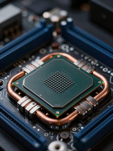 Macro close-up of a high-performance CPU socket on a dark motherboard, copper heat pipes, cool-toned studio lighting with subtle green ambient glow, sharp focus.