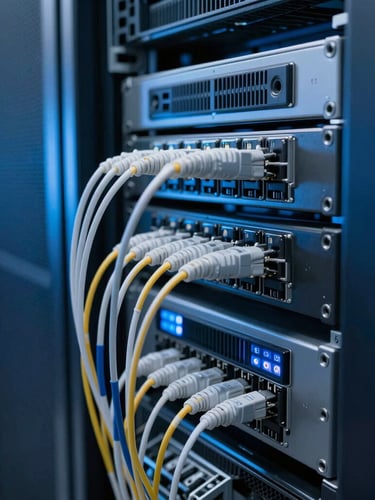 Macro shot of high-density server racks in a Mumbai data center, cool-toned blue ambient screen glow, sharp focus on fiber optic connections, 35mm lens.