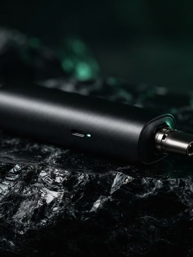Macro photography of a sleek matte-black vaporizer resting on a dark obsidian stone surface, dramatic side-lighting, subtle emerald green ambient glow, shallow depth of field, premium luxury feel