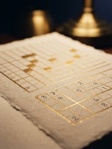Macro photograph of a heavy, cream-colored cotton paper page with gold-embossed puzzle grids, warm brass lamp lighting, shallow depth of field.