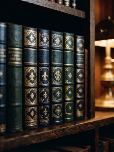 A close-up of premium leather-bound book spines with gold foil embossing on a dark wooden shelf, warm low-key lighting from a brass library lamp, shallow depth of field, 35mm
