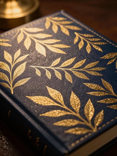 Macro photograph of a heavy book cover with intricate gold foil leaf patterns on deep navy leather, warm low-key side lighting highlighting the texture of the paper, 35mm