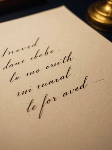 Macro photograph of thick, textured cream paper with elegant black ink calligraphy, warm low-key lighting, gold foil details on the margin.