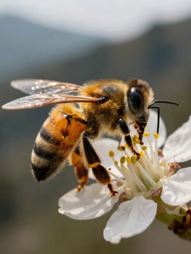 Macro close-up of an Apis cerana cerana bee foraging on a wild Himalayan blossom, soft diffused mountain daylight, shallow depth of field, rich amber and deep forest tones