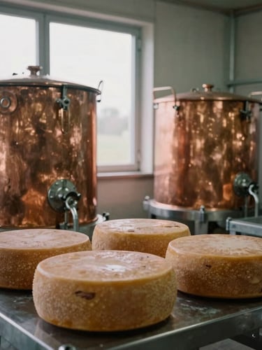 Medium format environmental documentary photograph of a modern stainless steel cheese-making room in France, soft natural overcast daylight filtering through a window, copper vats, rich earthy tones.