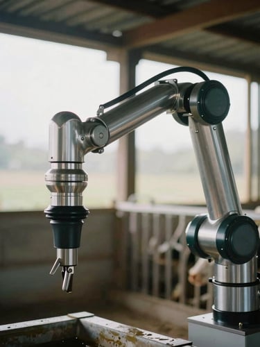 Close-up of a modern robotic milking arm with clean stainless steel components, soft natural morning light filtering through barn slats, editorial documentary style