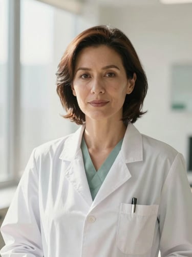 Editorial portrait of a confident female physician, 40s, in a modern clinic setting, bright natural daylight, soft ivory and muted sage tones, shallow depth of field