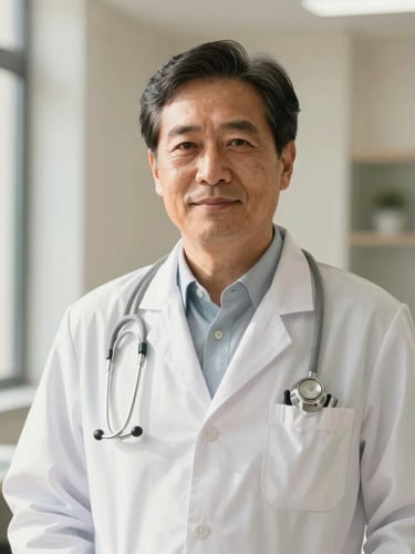 Editorial portrait of a confident male physician, 50s, in a modern clinic setting, bright natural daylight, soft ivory and muted sage tones, shallow depth of field