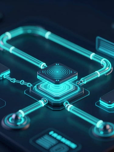 Macro close-up of a high-fidelity dark mode UI/UX dashboard, glowing cyan data pipelines, sleek floating device mockups, cyberpunk studio lighting, octane render