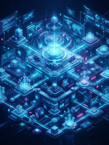 Isometric view of software architecture, glowing holographic UI elements, deep midnight blue background, electric cyan accents, octane render