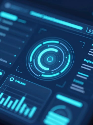 Macro close-up of a high-fidelity UI/UX dashboard with glowing holographic elements, deep midnight blue background, electric cyan accents, octane render